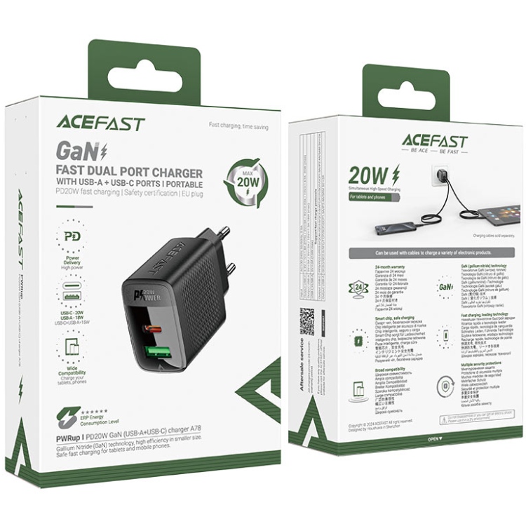 Зарядное устройство Acefast 2xUSB 20W (USB-C+USB-A) Gan A78 Black
