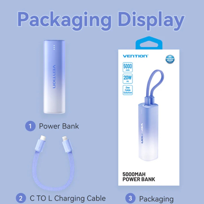 УМБ Vention 5000mAh 20W PD, USB-C In/Out, Lightning In/Out, with cable, Gradient Blue