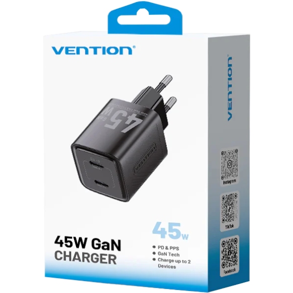 Зарядний пристрій Vention 2xUSB-С 45W GaN чорний