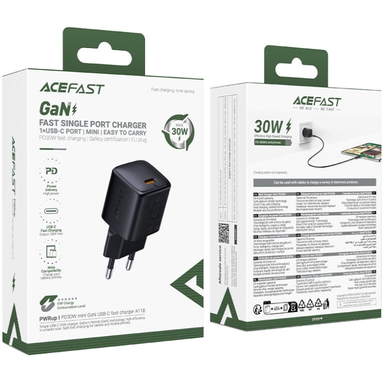Зарядний пристрій Acefast 1xUSB-C 30W Gan A118 Fast Charger + USB-C cable black
