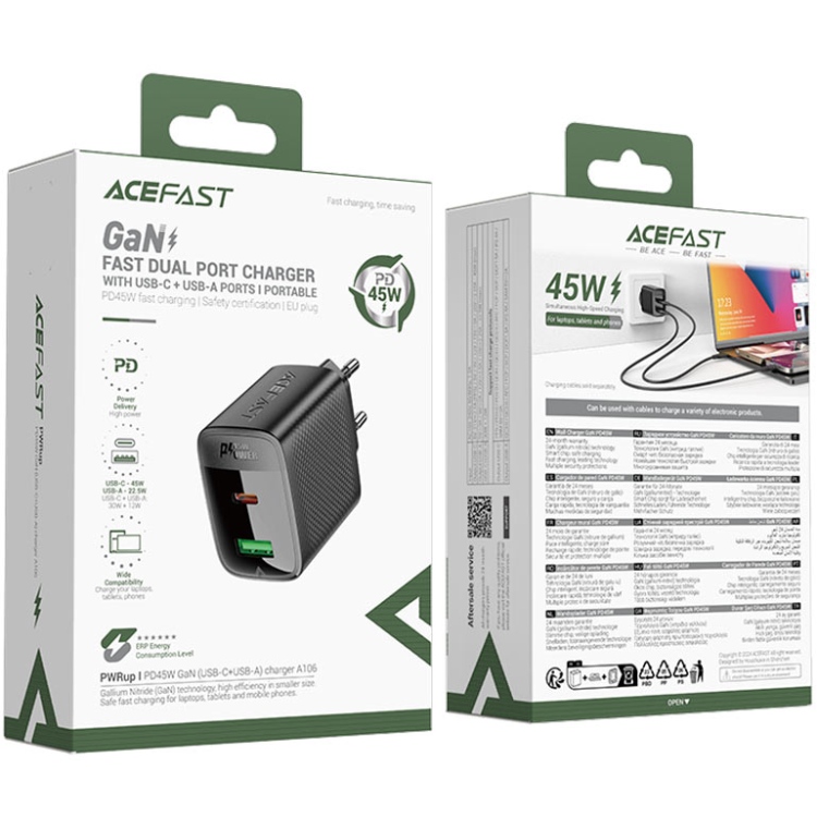 Зарядний пристрій Acefast 2xUSB 45W (USB-C+USB-A) Gan A106 Black