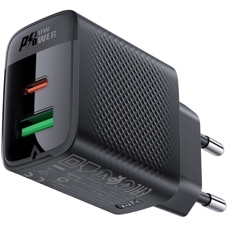 Зарядное устройство Acefast 2xUSB 20W (USB-C+USB-A) Gan A78 Black