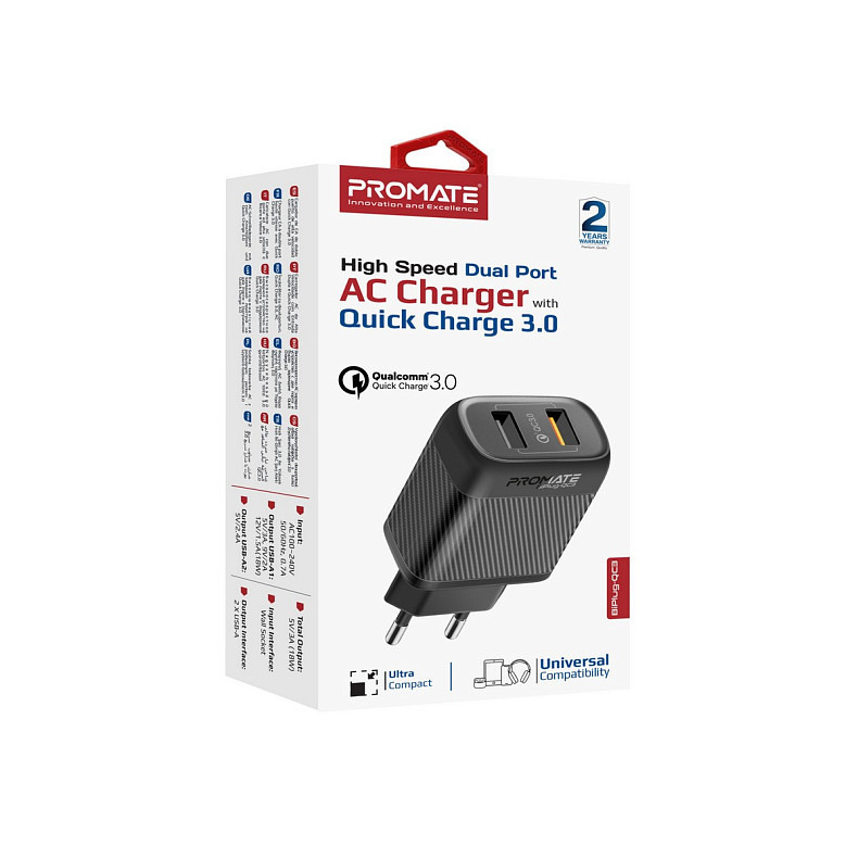 Зарядний пристрій Promate BiPlug-QC3 Black