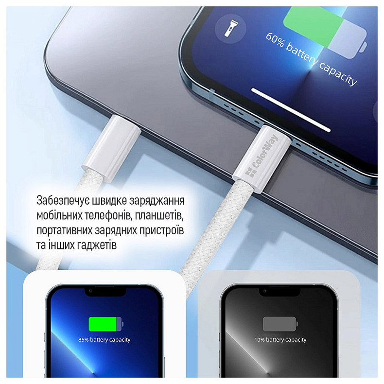 Кабель ColorWay USB Type-C - USB Type-C (M/M), 3.0 А, 2 м, Gray (CW-CBPDCC068-GR)