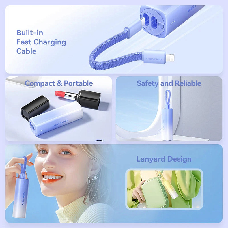 УМБ Vention 5000mAh 20W PD, USB-C In/Out, Lightning In/Out, with cable, Gradient Blue