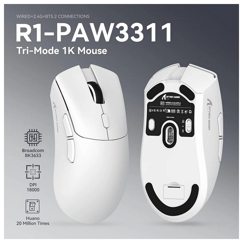 Мышка Attack Shark R1, Wireless/Bluetooth, 18000dpi, (PAW3311), 6кн., White