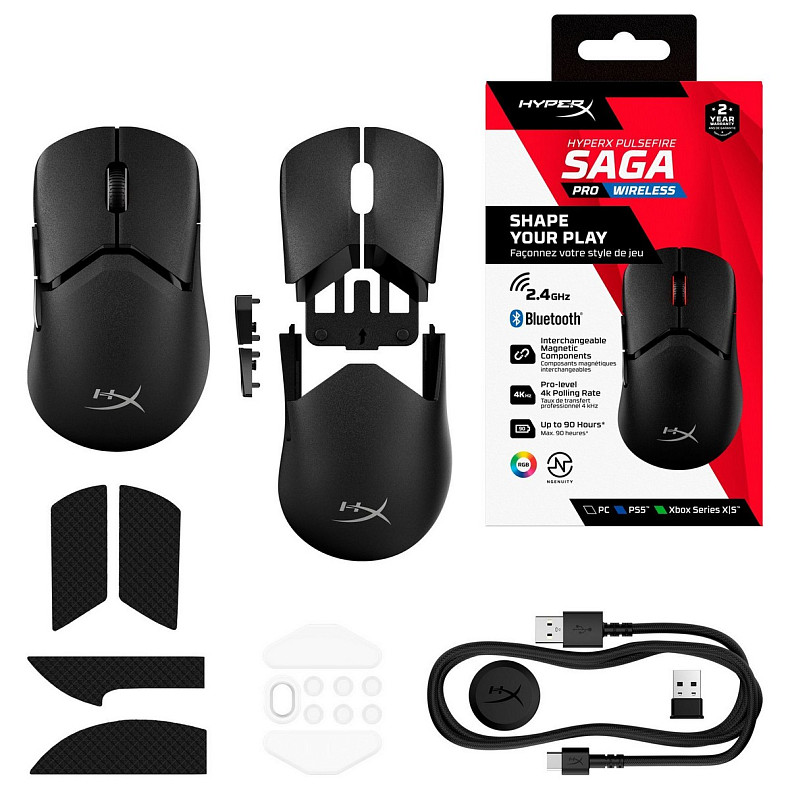 Миша HyperX Pulsefire SAGA PRO, RGB, USB-A/WL/BT, чорний