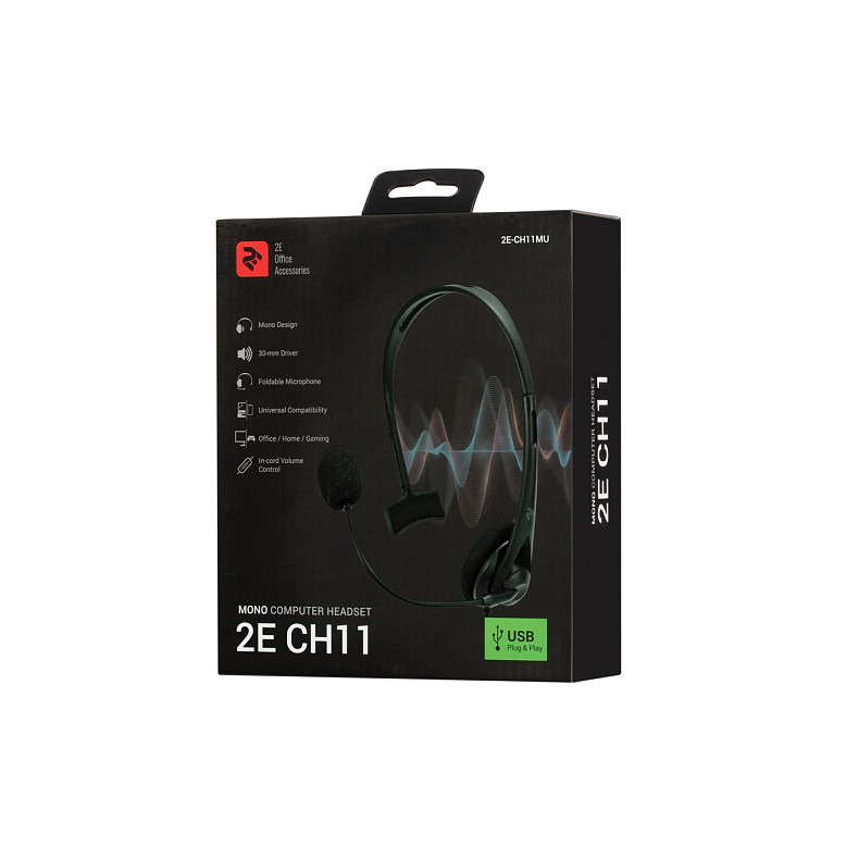 Гарнітура ПК моно On-ear 2E CH11 USB, omni-mic, 2м, чорний