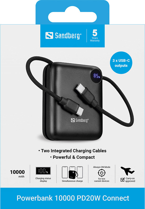 УМБ Sandberg 10000mAh 20W PD,QC3.0, USB-C In/Out, with built-in 2xUSB-C cables
