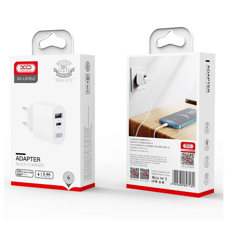 Сетевое зарядное устройство для XO L97 (1USB-С, 1USB, 2.4А) White (L97.white)