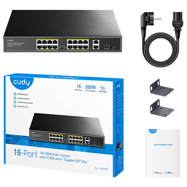 Коммутатор Cudy FS1018PS1, 16 порт 10/100M PoE+ Switch with 2 Gigabit Uplink and 1 SFP Port 200W