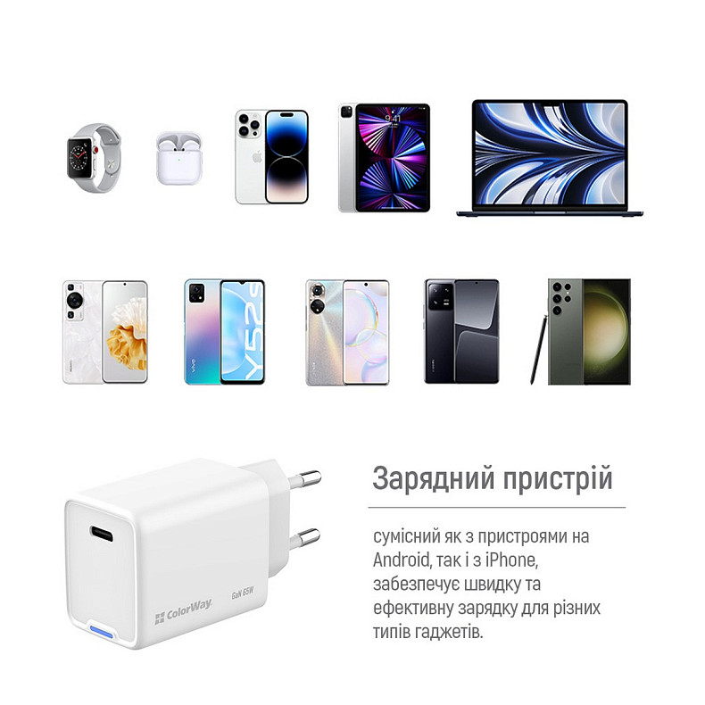 Зарядний пристрій ColorWay GaN Mini 65W PD Port PPS USB-C White (CW-CHS049PD-WT)