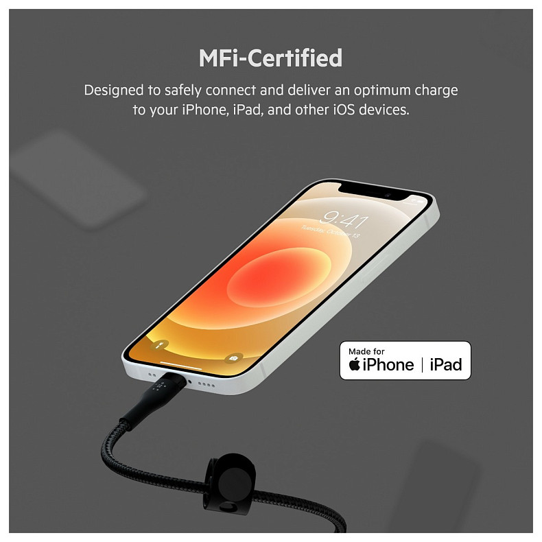 Кабель Belkin USB-A - Lightning плетений, силіконовий, з ремінцем на магніті, 1м, Black