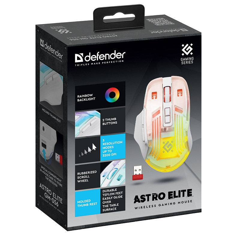 Мышка Defender Astro Elite GM-056, беспроводная, игровая, 3200dpi., 7кн., 500 mAh, белая