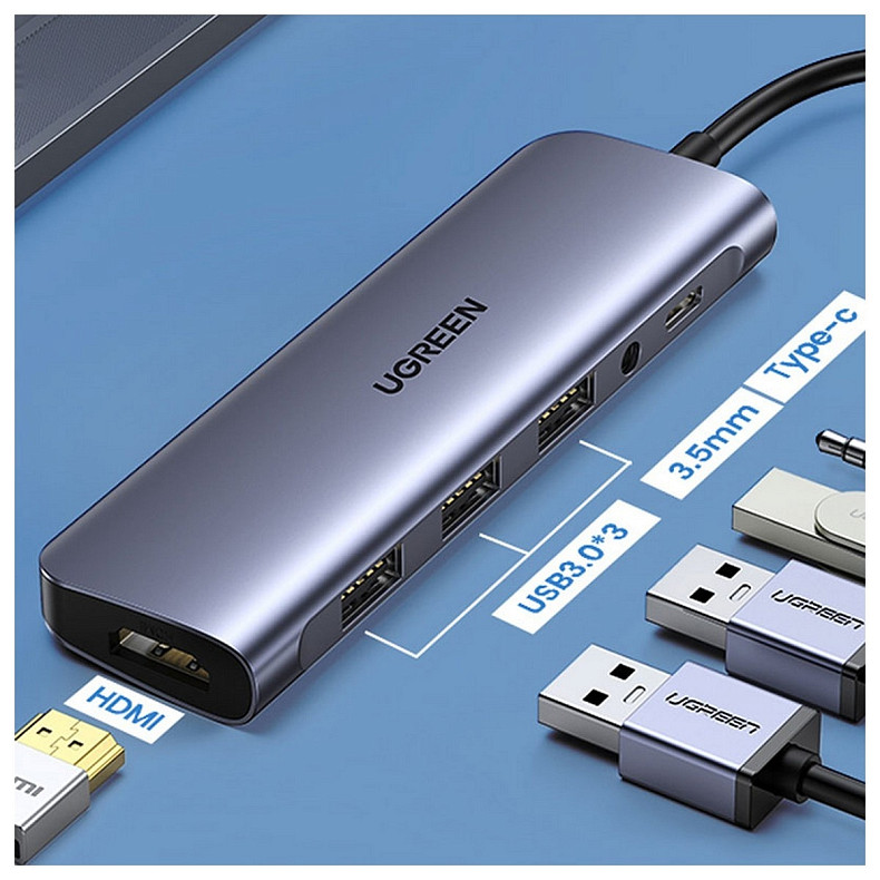 Док-станція USB3.0 Type-C --> HDMI/USB 3.0x3/TRRS 3.5mm/PD Ugreen CM136 Сіра