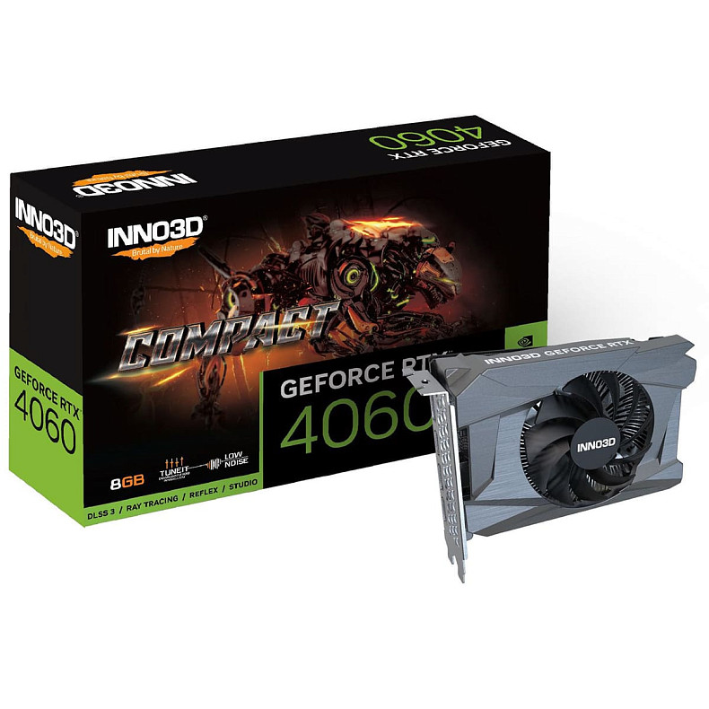 Відеокарта GeForce RTX4060 Inno3D Compact, 8GB GDDR6, 128bit, PCI Express 4.0 X8 (N40601-08D6-173050N)