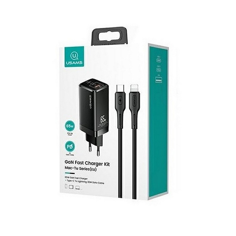 Зарядний пристрій Usams US-CC110 (1USB, 2USB Type-C) 65W PD + QC3.0 Black (MTXLOGTL01) + до