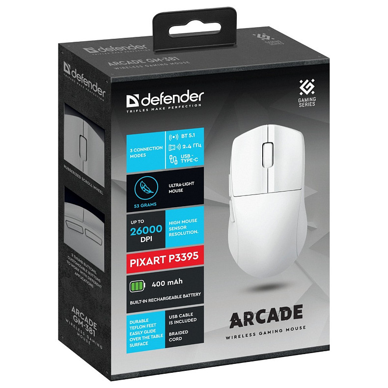 Мышка Defender Arcade GM-381, беспроводная, Bluetooth+2.4 ГГц, игровая, 6 кН. 26000 dpi, 400mAh, белая