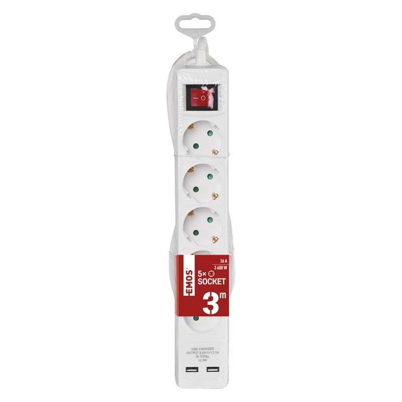 Фільтр живлення Emos з вимикачем, 2xUSB, 5 розеток, 1.5мм2, 3м, White (P1523RU)