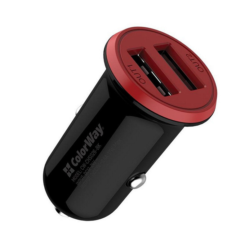 Автомобильное зарядное устройство ColorWay (2USB,3.4A, 17W) Red/Black (CW-CHA026-BK)