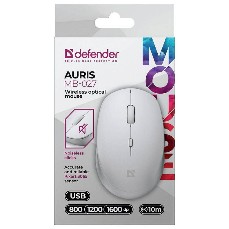 Мишка Defender Auris MB-027, бездротова, 3 кн. до 1600 dpi, безшумна, біла