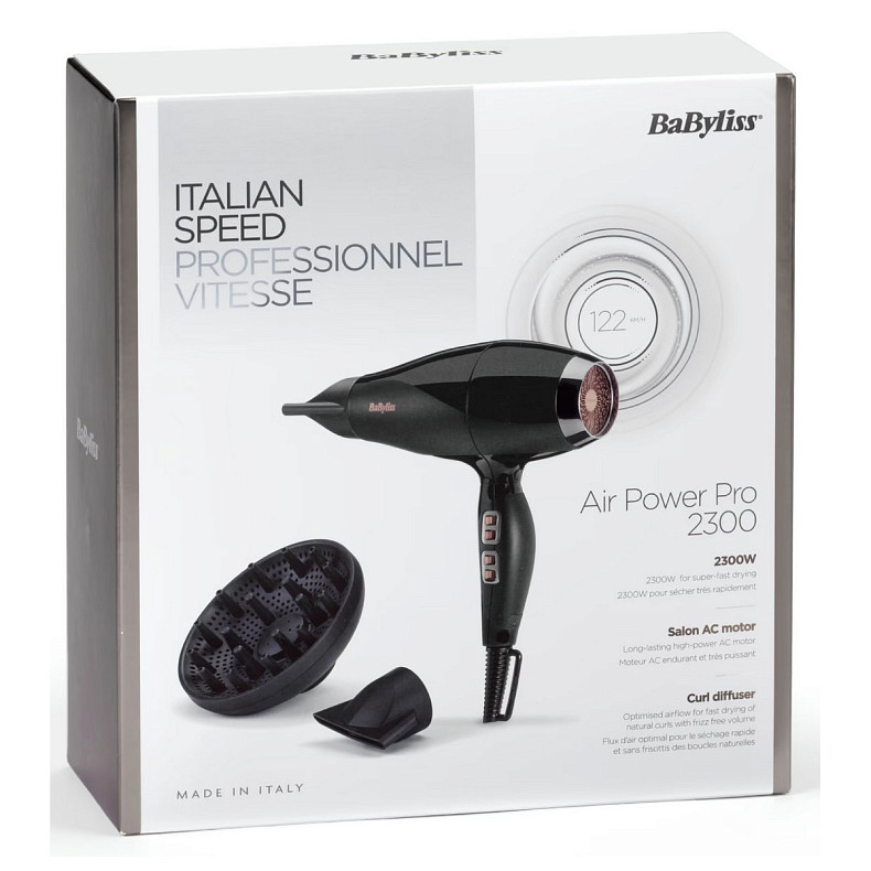 Фен Babyliss Air Power Pro, 2300Вт, 3 режими, дифузор, іоніз-я, хол. обдув, кераміка, чорно-рожевий