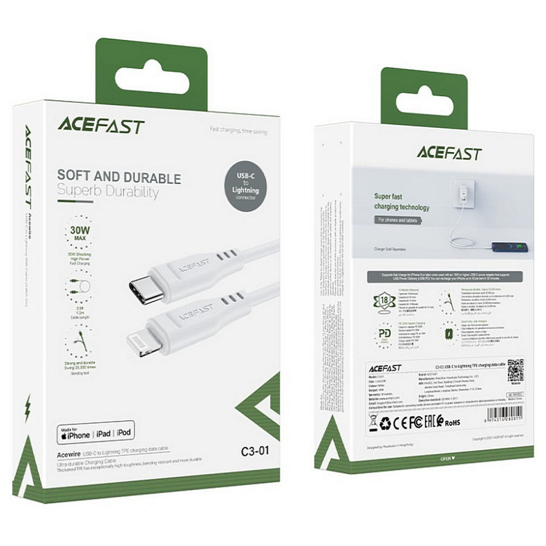 Кабель USB 2.0 USB-C to Lightning, 1,2 м, 3.0A, TPE C3-01 White Acefast