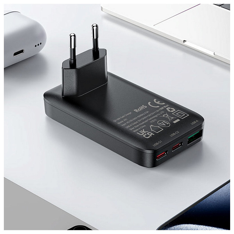 Зарядное устройство 3xUSB 65W (2xUSB-C+USB-A) Gan A100 Fast Charger Ultra thin black Acefast