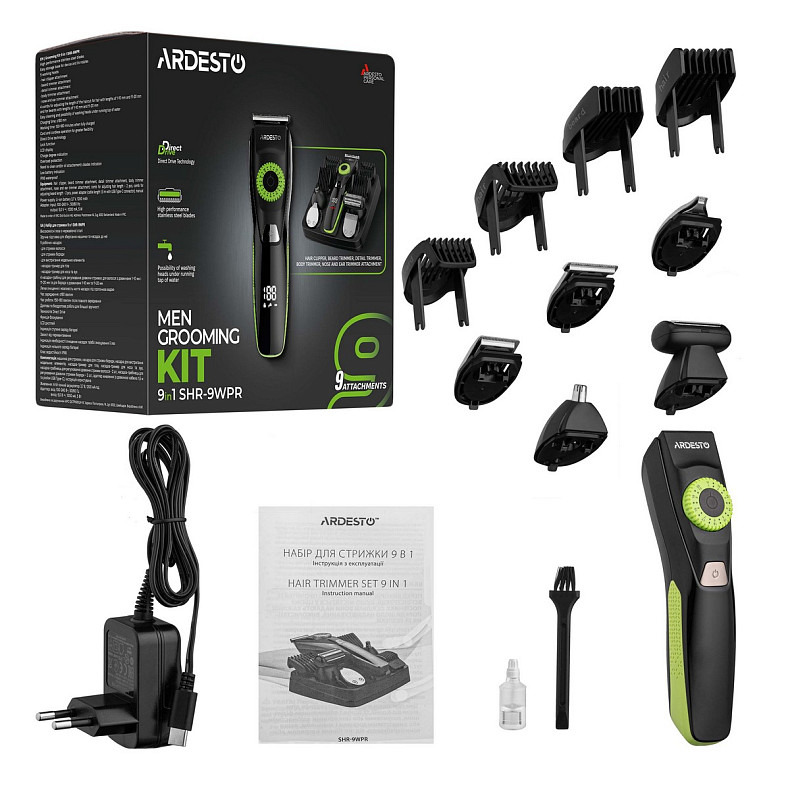 Набір для стрижки Ardesto SHR-9WPR, для бороди, вусів, голови, носа і тіла, мережа+акум., насадок-9