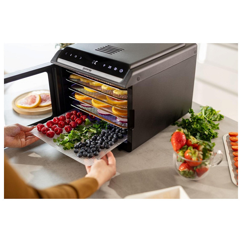 Сушарка для продуктів Gorenje 580Вт, піддонів - 6x1.5см, діаметр - 25см, макс - 75°С, дисплей, пласт