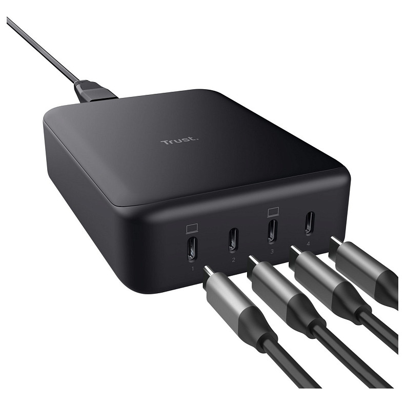 Зарядное устройство Trust Maxo 240Вт, GaN, 4xUSB-C,PD, черный
