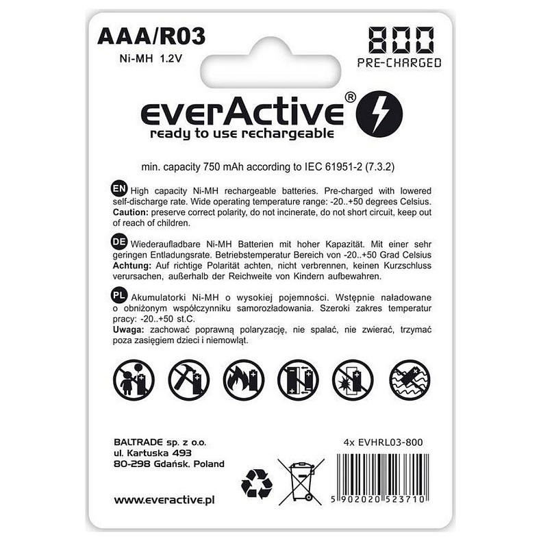 Аккумулятор everActive AAA/HR03 Ni-MH 800mAh BL 4шт