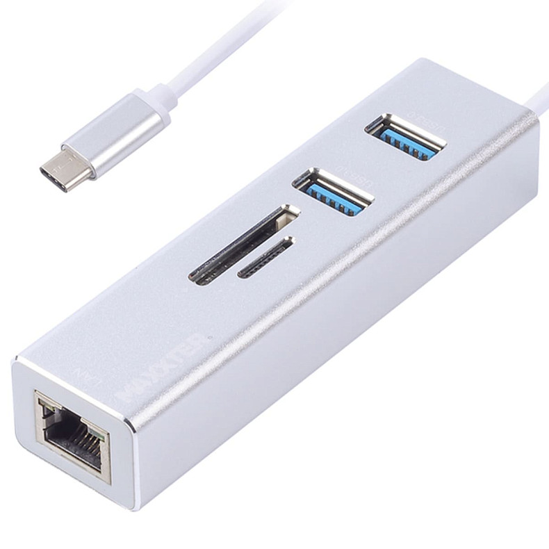 USB-хаб USB на Gigabit Ethernet, 2 Ports USB 3.0 + microSD/TF картридер, 1000 Mbps, метал, сірий