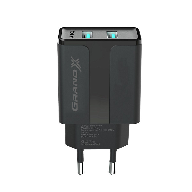 Сетевое зарядное устройство Grand-X CH-15B (2xUSB 2.4A) Black