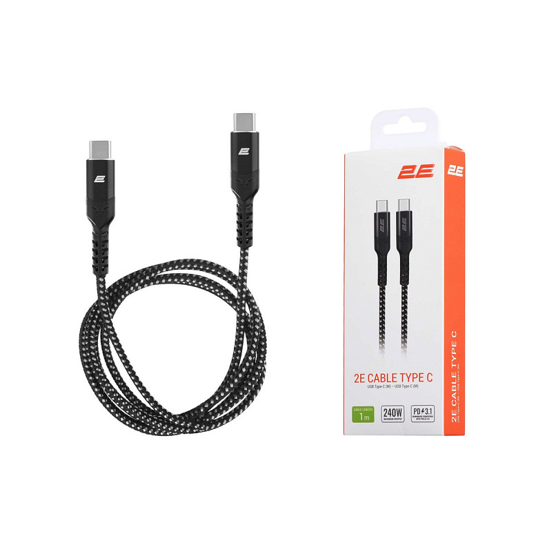 Кабель 2E USB-C > USB-C, 1м, 240Вт, плетений, чорний