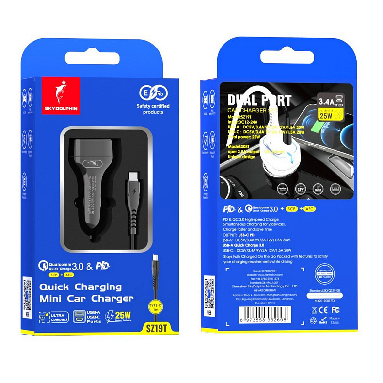 Автомобільний зарядний пристрій SkyDolphin SZ19T PD 20W + QC3.0 20W Black (SDAZP-000104) + кабель