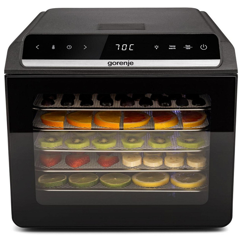 Сушарка для продуктів Gorenje 580Вт, піддонів - 6x1.5см, діаметр - 25см, макс - 75°С, дисплей, пласт