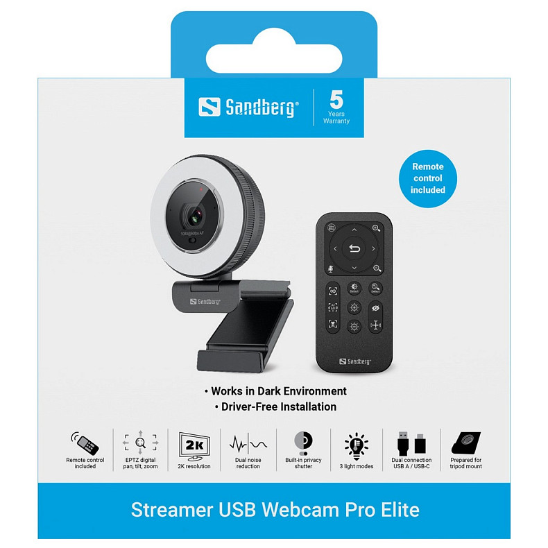 Веб-камера Sandberg Streamer USB Webcam Pro Elite Full HD, Remote control, USB-A/USB-C connection