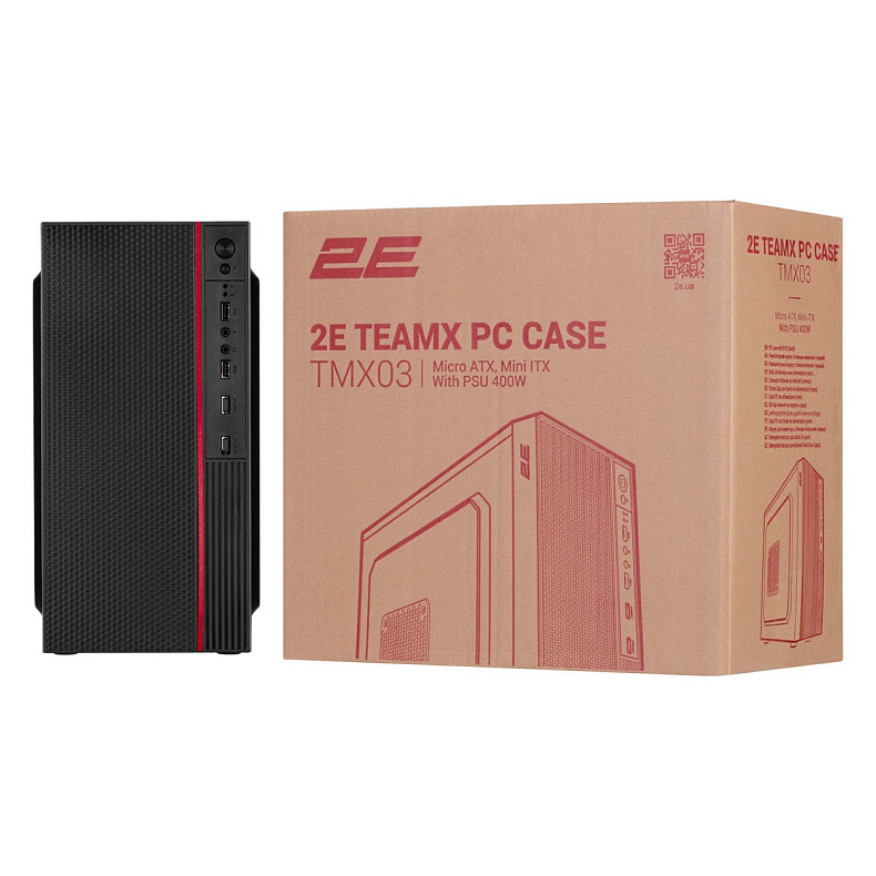 Корпус 2E TeamX TMX03 с БП 2E ATX400W, 2xUSB2.0, 1x80мм, VGA 220мм, mATX, черный