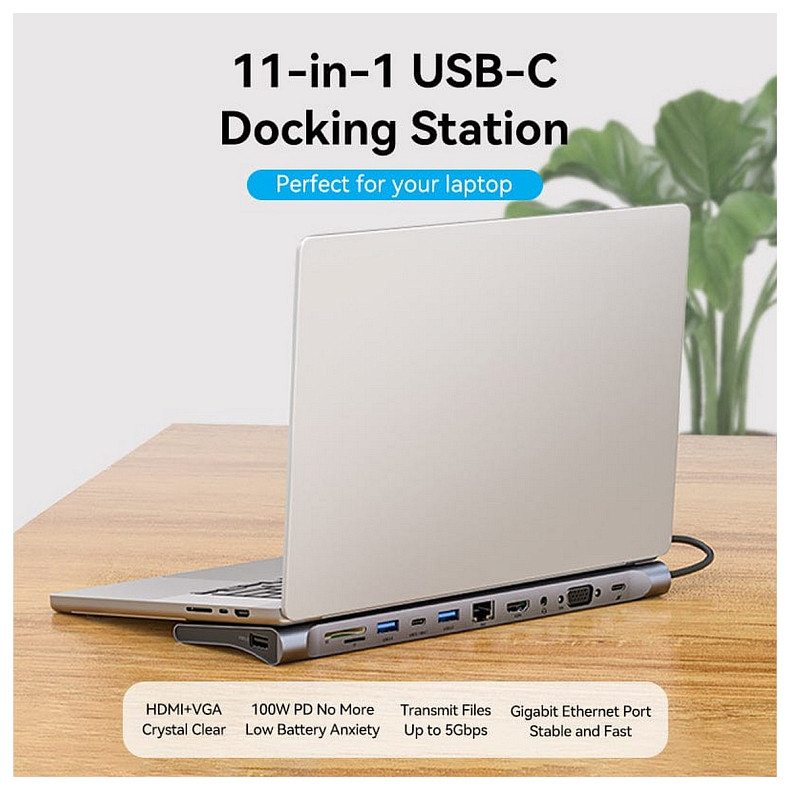 Док-станция USB3.1 Type-C --> HDMI/VGA/USB3.0x3/RJ45/SD/TF/TRRS 3.5mm/PD 100W Vention 11in1