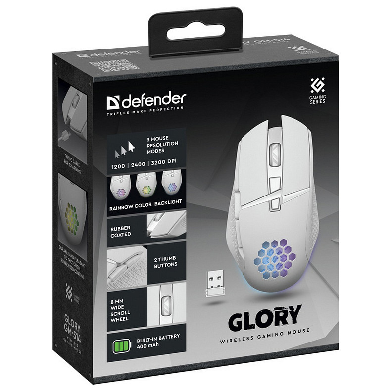 Мышка Defender Glory GM-514, игровая, беспроводная 3200dpi., 6кн., LED белая