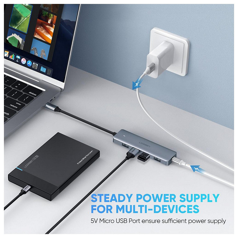 Хаб USB 3.1 Ugreen CM219 Type-C -> 4xUSB 3.0 Grey