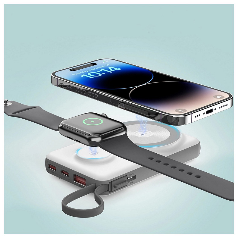УМБ Choetech Magnetic Wireless 10000mAh 15W PD, QC3.0 USB-A+2USB-C 3in1charg, with build-incable White
