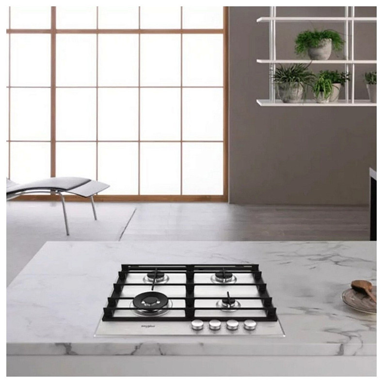 Варочная поверхность Whirlpool газовая на стекле, 60см, чугун, конфорка с двойным рядом пламени, нерж.