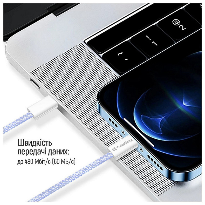 Кабель ColorWay Lightning + Type-C USB (M/M), 3.0 А, 1 м, Purple (CW-CBPDCL061-PU)