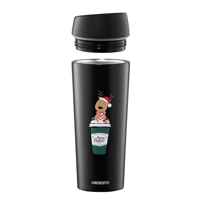 Термокружка Ardesto Coffee Time Christmas Reindeer 450мл, нержавеющая сталь, черная (AR2645RN)