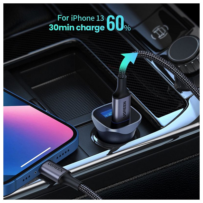 Автозарядка 2xUSB 30W (USB-A + USB-C) QC 4.0 Сіра (EC305) UGREEN