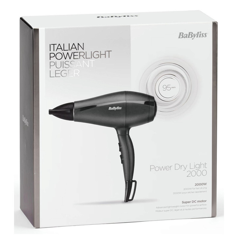 Фен Babyliss Super Light Pro, 2000Вт, 3 режими, HTDC мотор, тонкий концентратор 6 мм, чорний