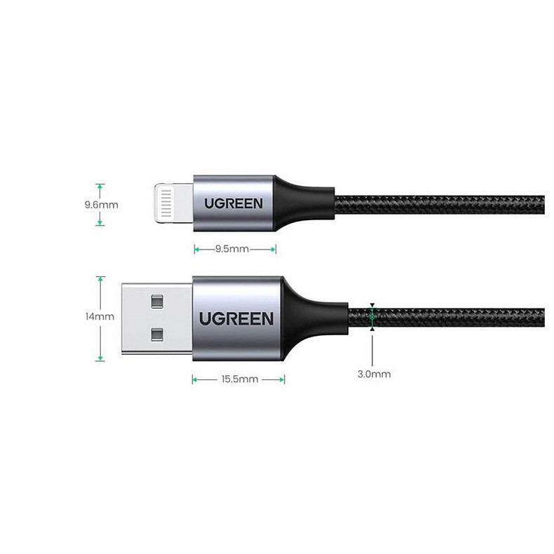 Кабель USB 2.0 AM-Lightning M, 2.0 м, 2.4A, Чорний, US199 UGREEN