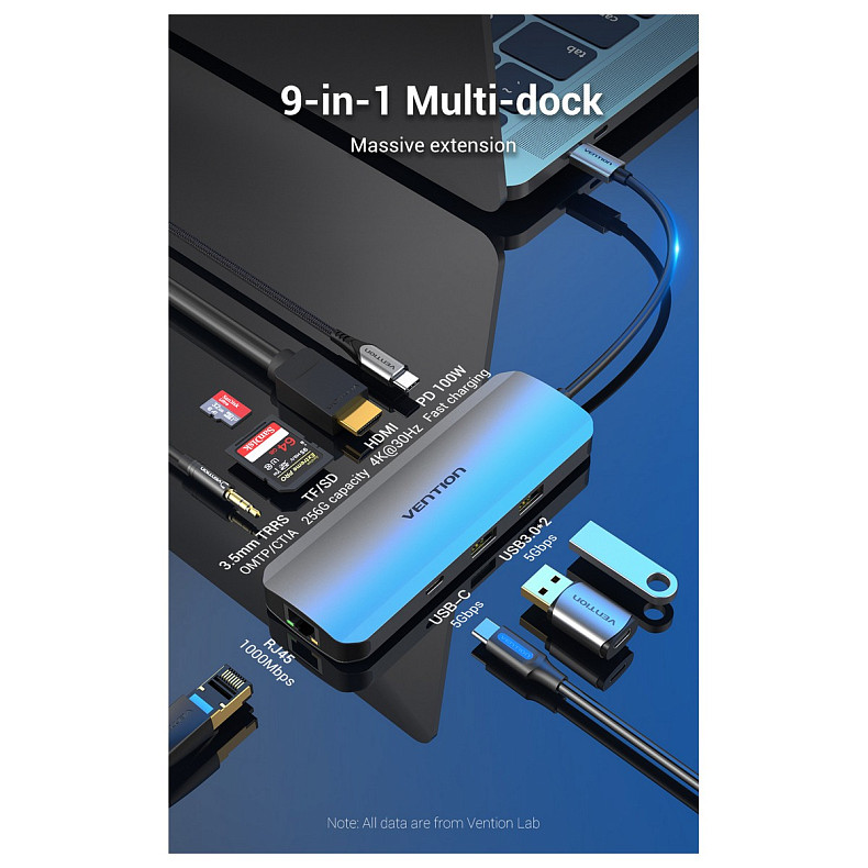 Док-станція USB3.1 Type-C --> HDMI/USB 3.0x2/RJ45/USB-C/SD/TF/TRRS 3.5mm/PD 100W Hub 9-in-1 Vention